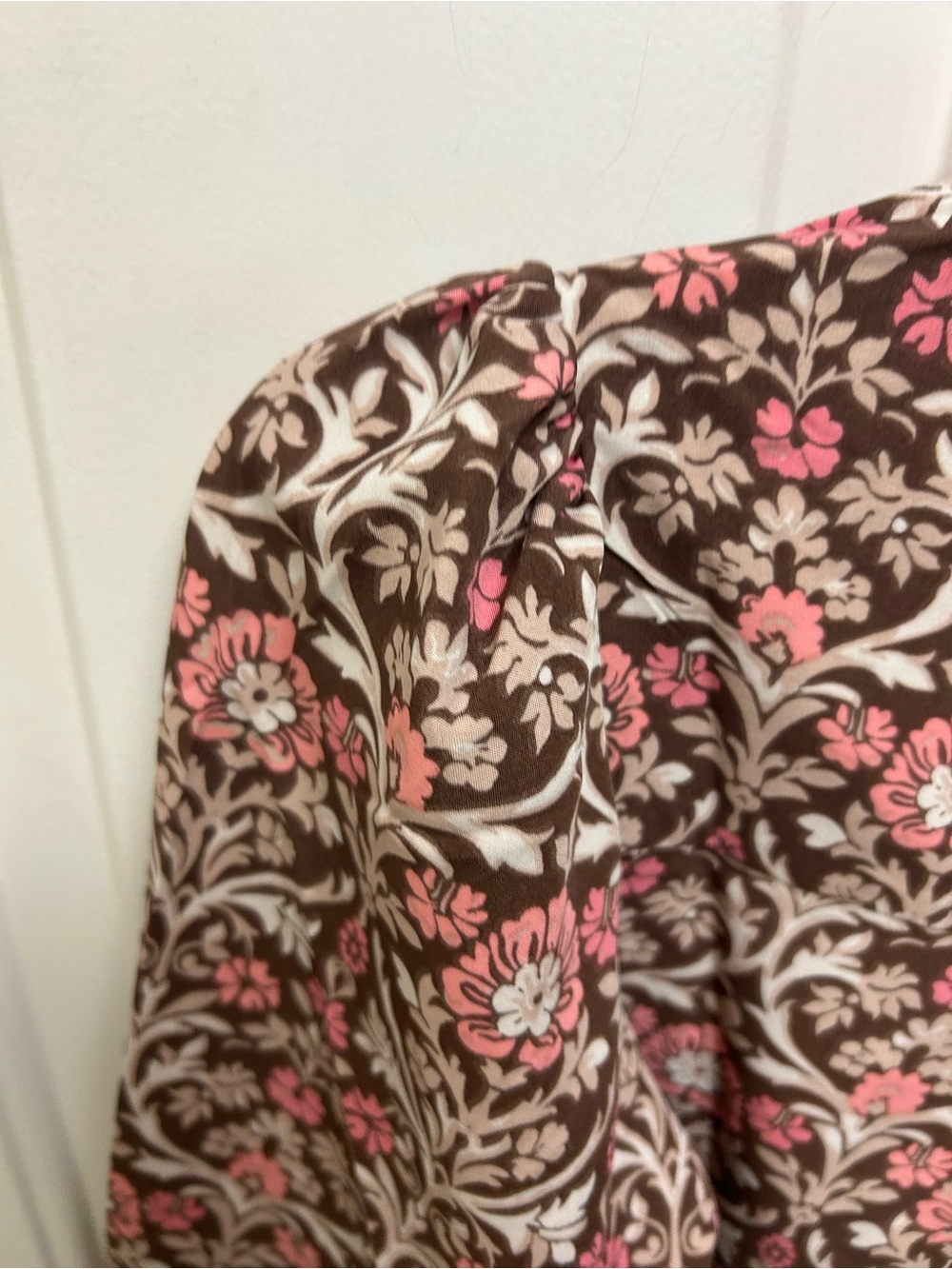 Mary Square Coral & Brown Floral Top with Coral & White Banded Neckline - Picture 8 of 16